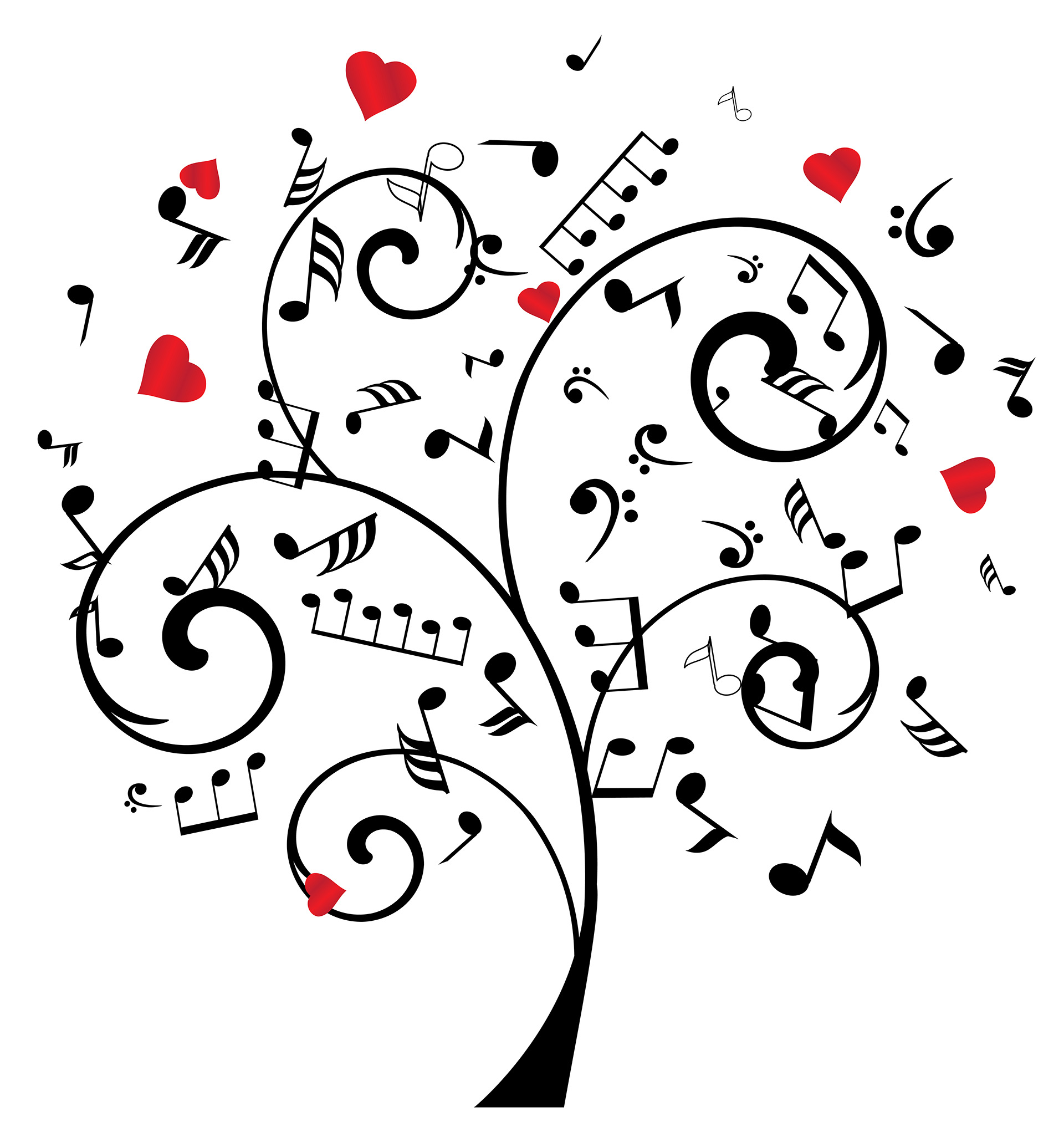 vector illustration of a tree with musical notes and hearts