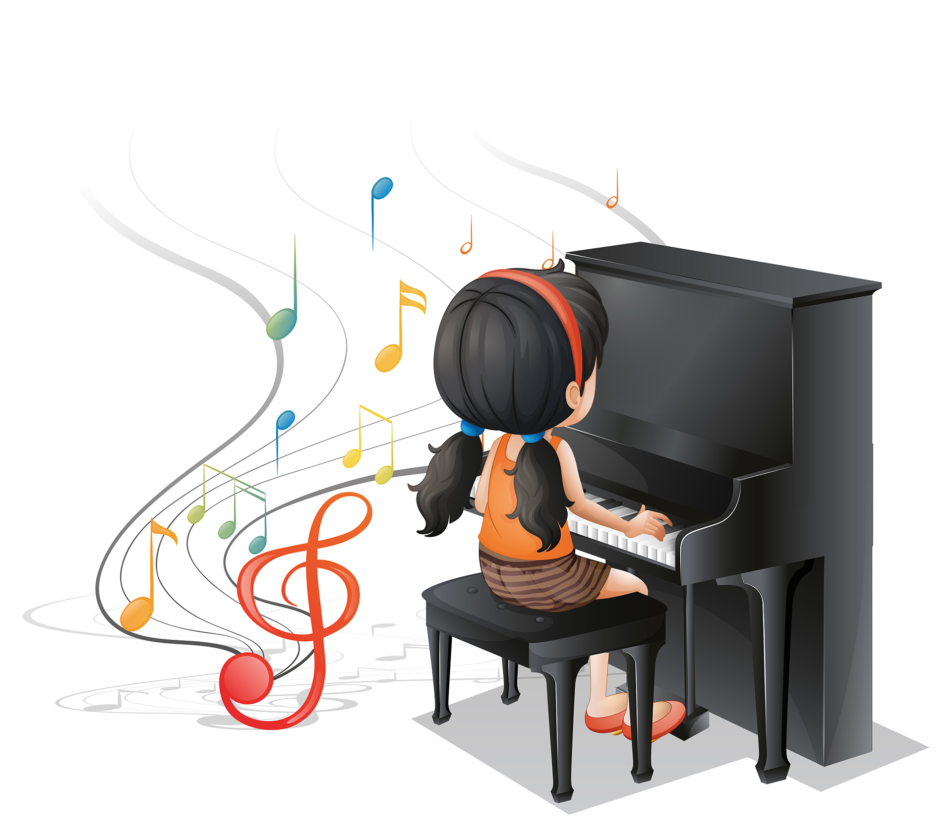 Illustration of a young girl playing with the piano on a white background